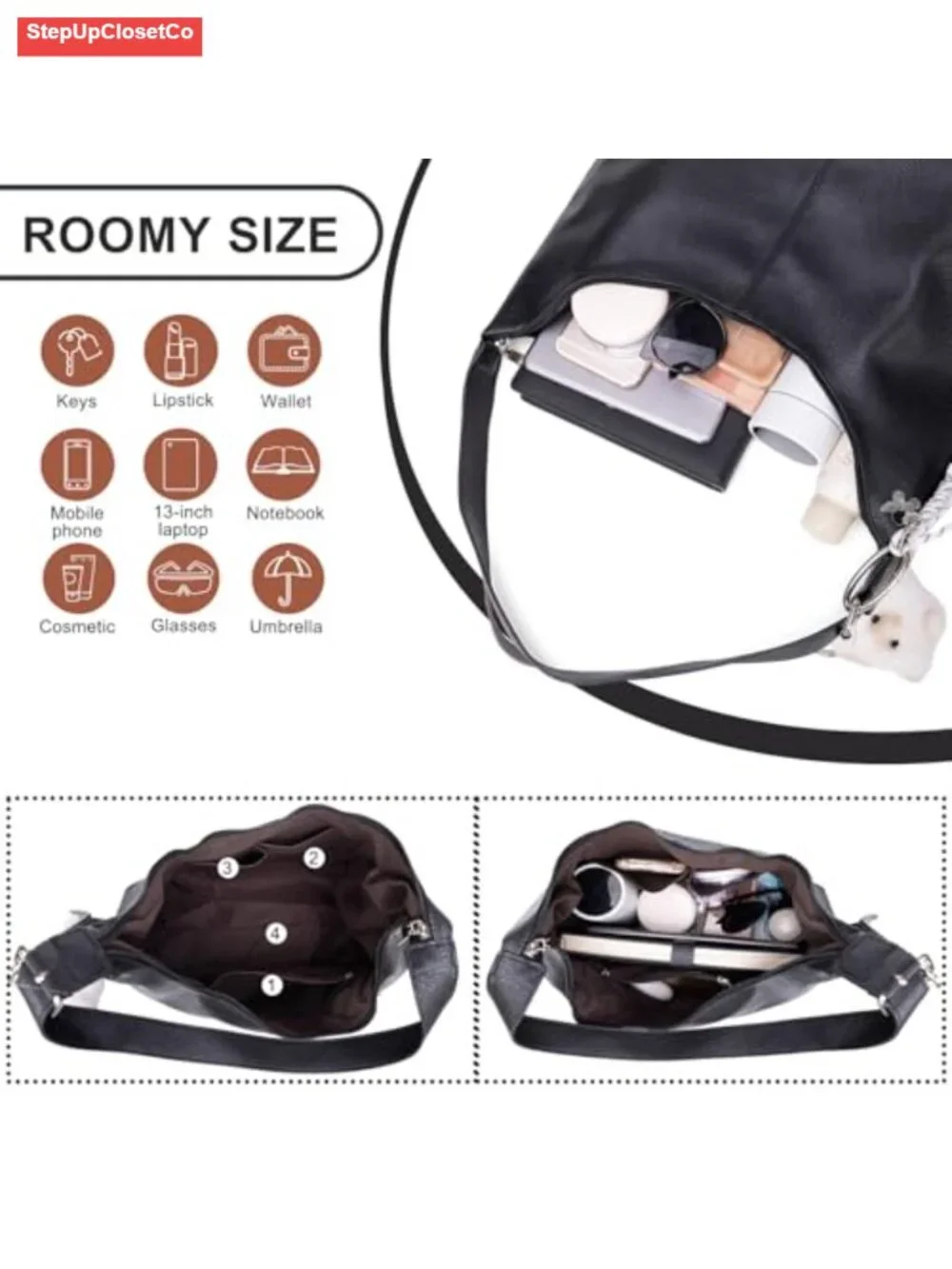 Slouchy Vegan Leather Hobo Bag with Zipper Crossbody Tote for Work Travel